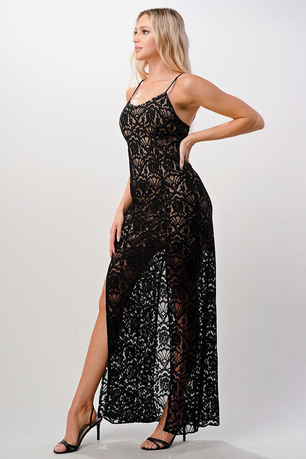 Midnight Lace Front-Slit Maxi Dress