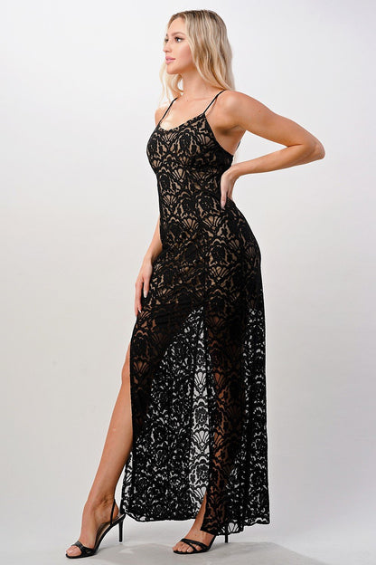 Midnight Lace Front-Slit Maxi Dress