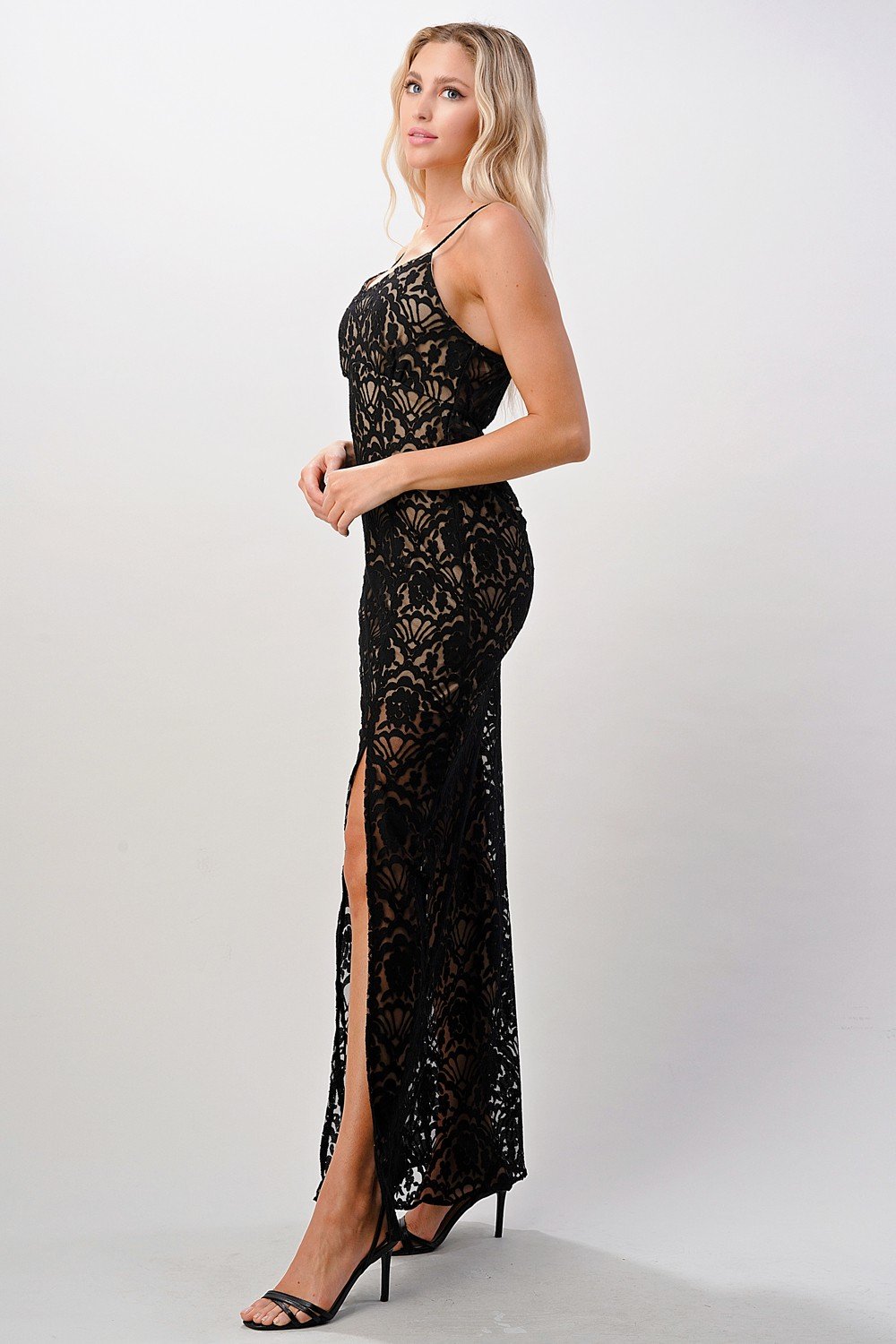 Midnight Lace Front-Slit Maxi Dress