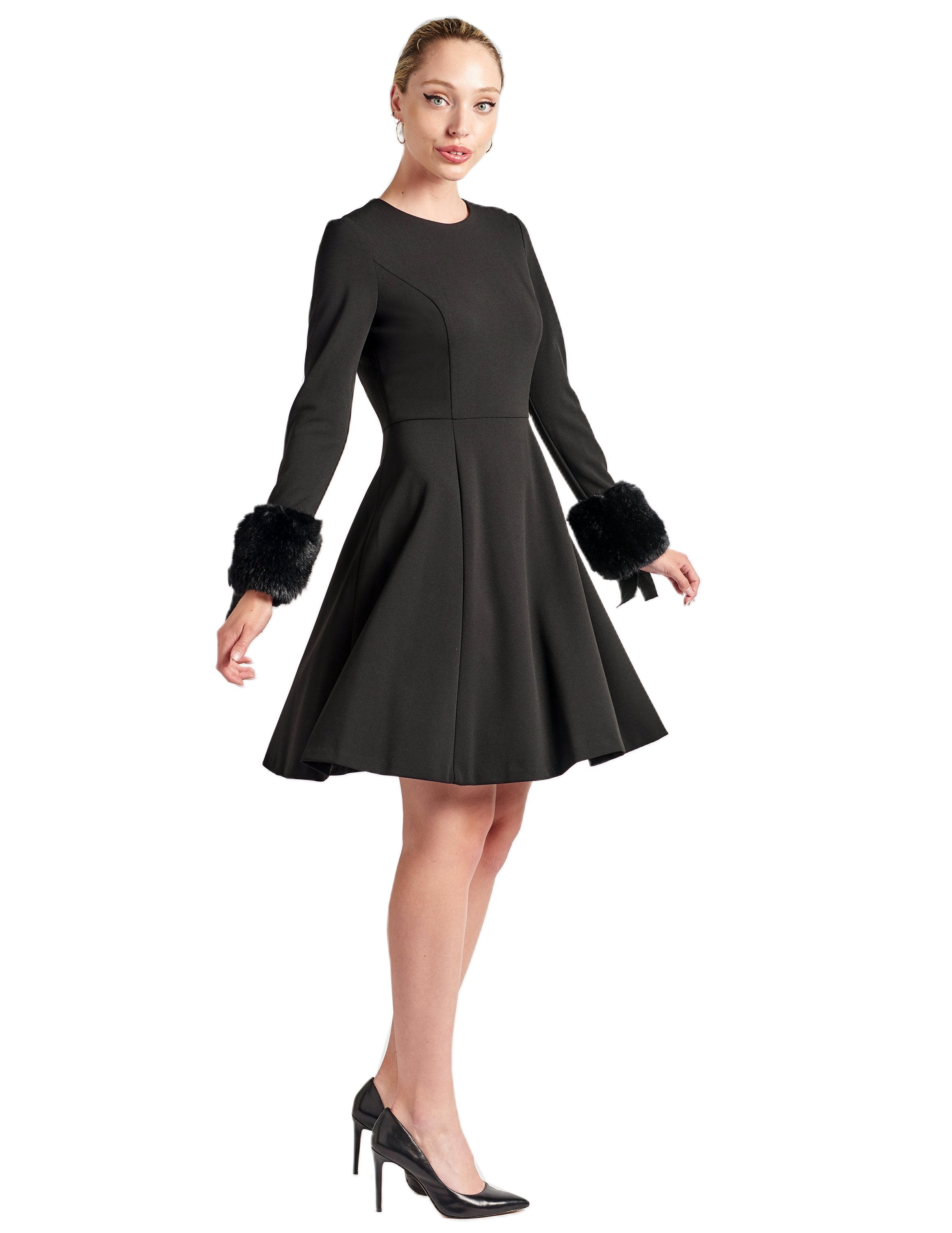 Caroline Crepe Fit Flare Dress With Faux Fur Cuffs