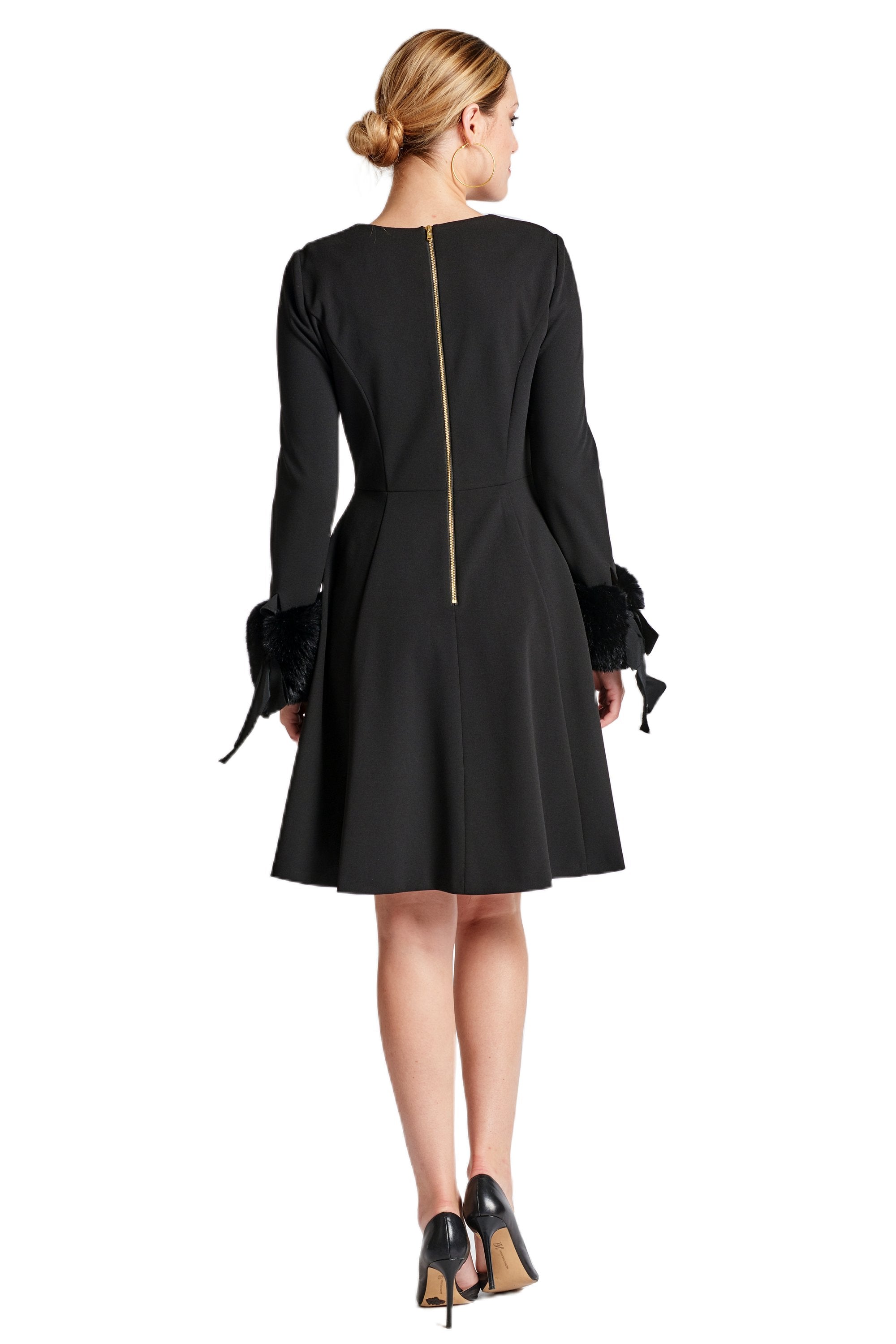Caroline Crepe Fit Flare Dress With Faux Fur Cuffs