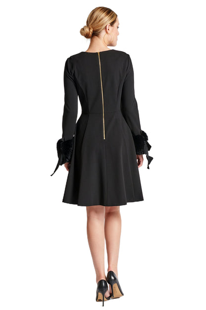 Caroline Crepe Fit Flare Dress With Faux Fur Cuffs