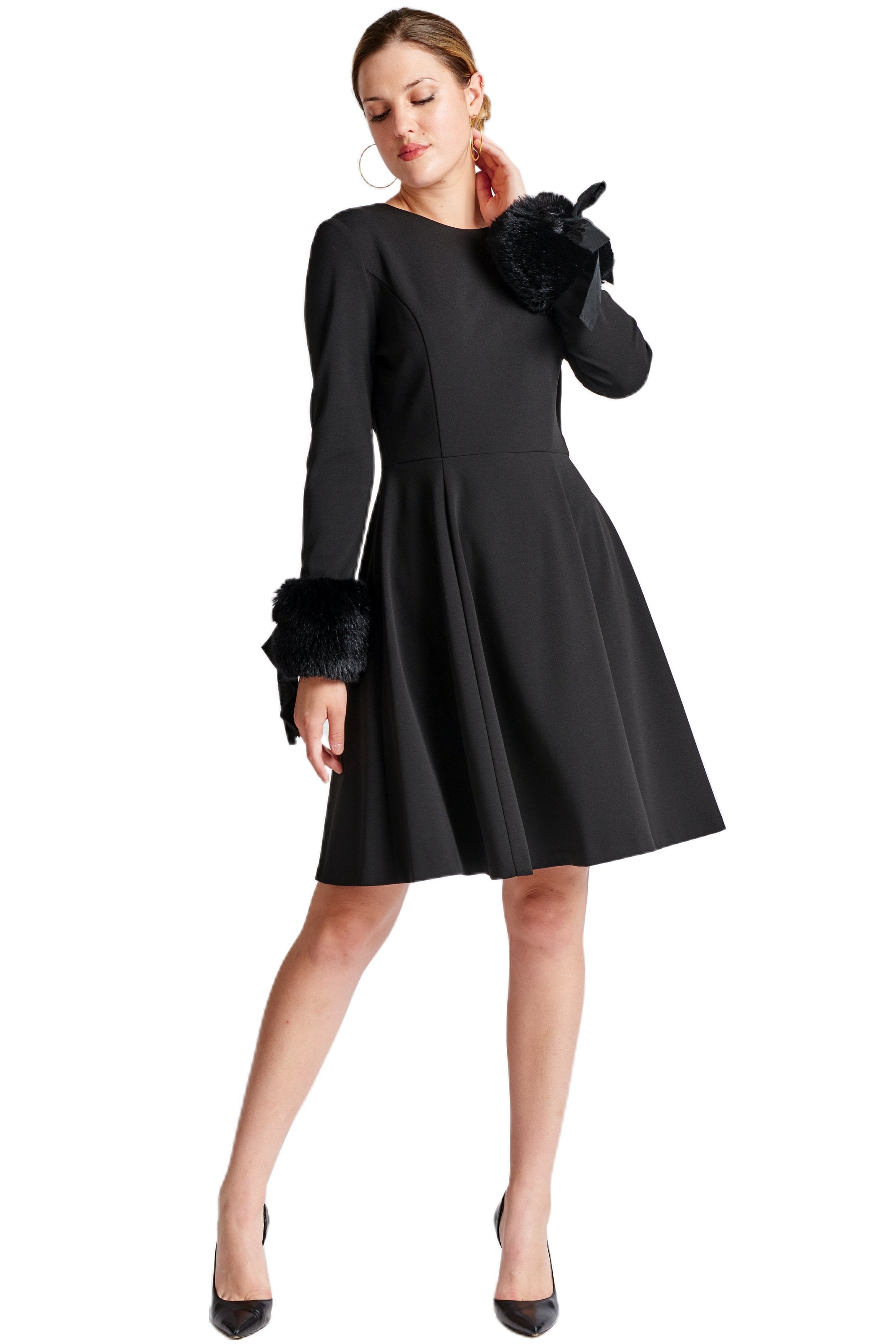 Caroline Crepe Fit Flare Dress With Faux Fur Cuffs