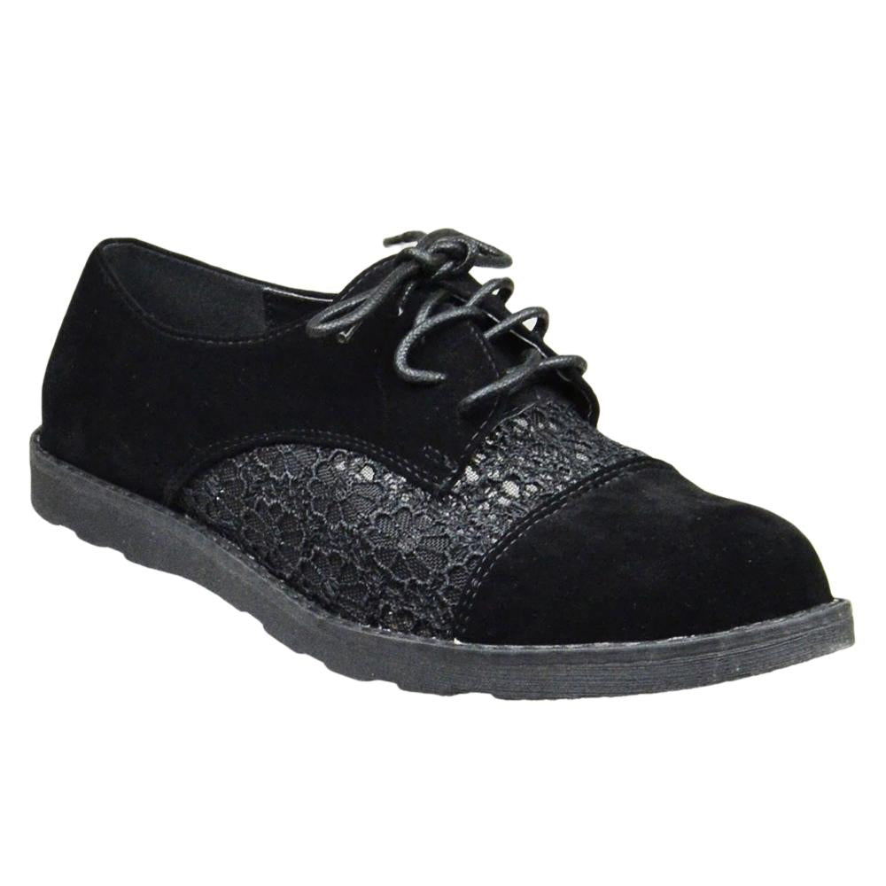 SOBEYO Embroidered Flower Lace Up Oxford Flats (Black)