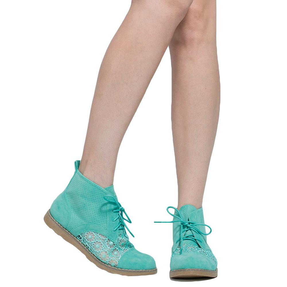 SOBEYO Oxford Green Embroidered Flower Lace Up Booties