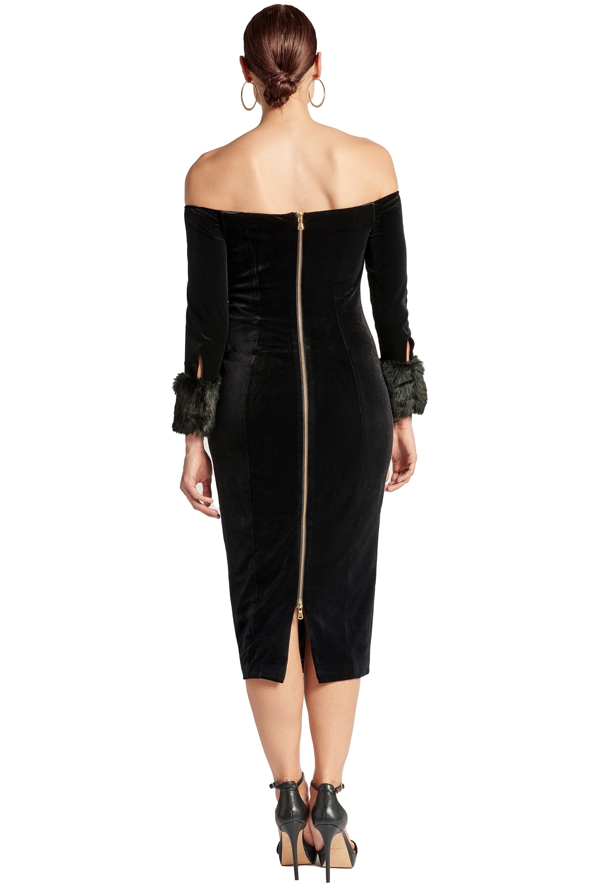 Joia Velvet Off Shoulder Dress Long Sleeve Dress With Faux Fur