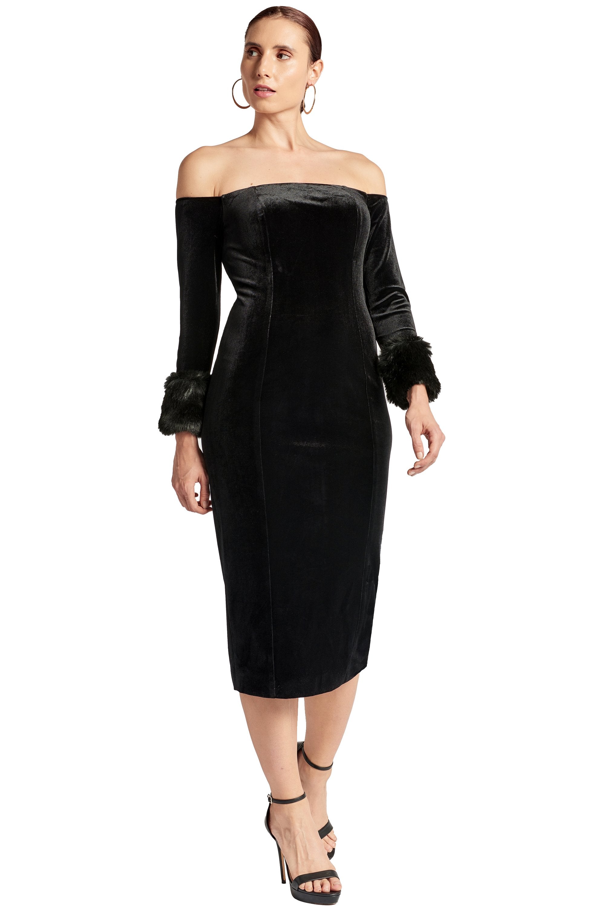 Joia Velvet Off Shoulder Dress Long Sleeve Dress With Faux Fur