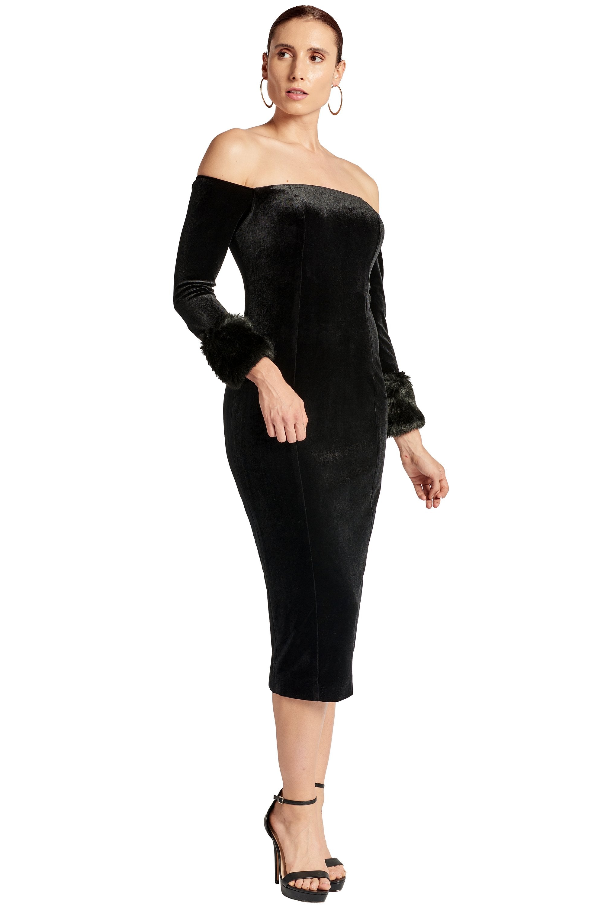 Joia Velvet Off Shoulder Dress Long Sleeve Dress With Faux Fur