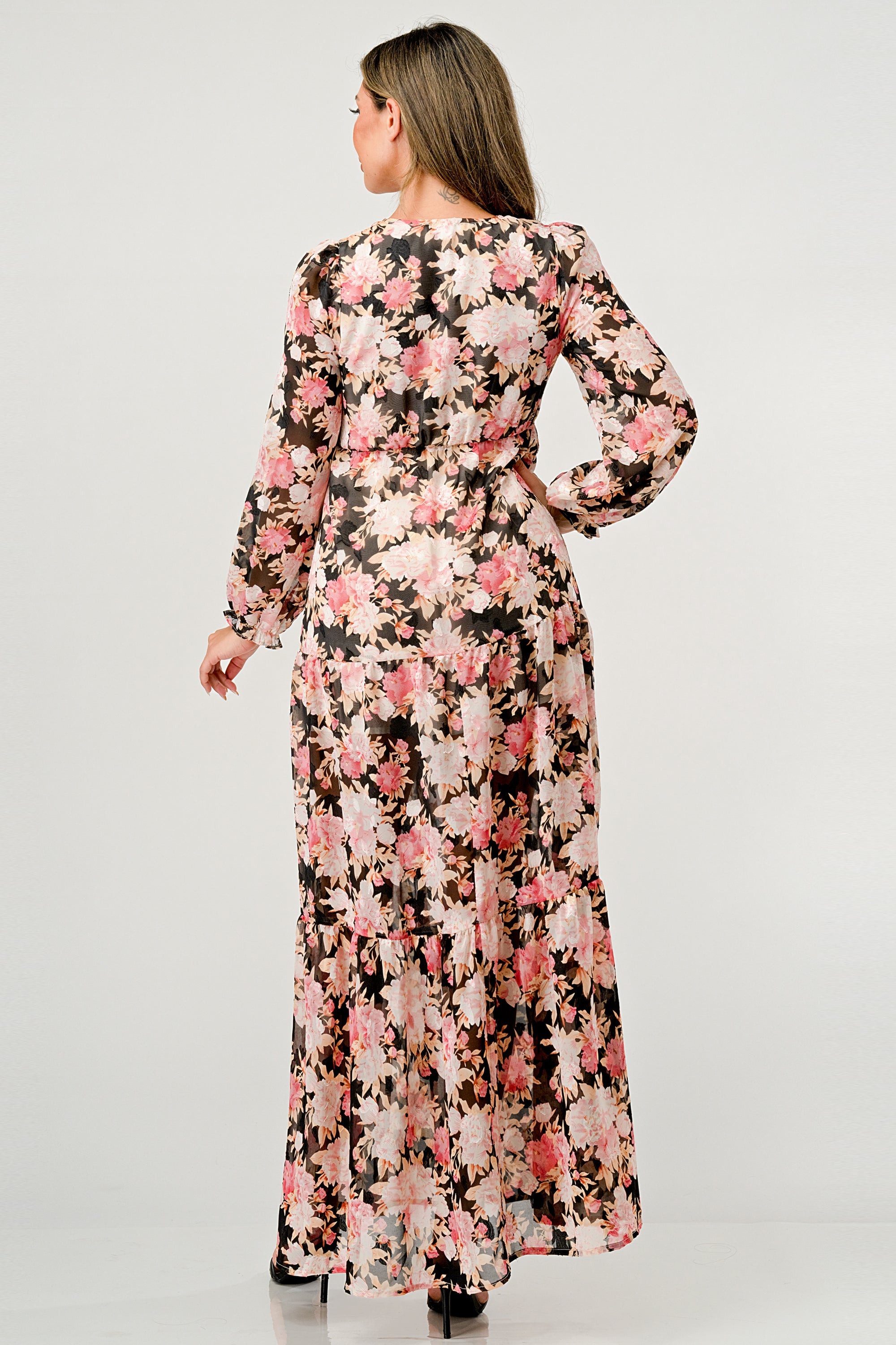 ARROW Long Sleeve Maxi Dress with High Slit and Tiered Skirt