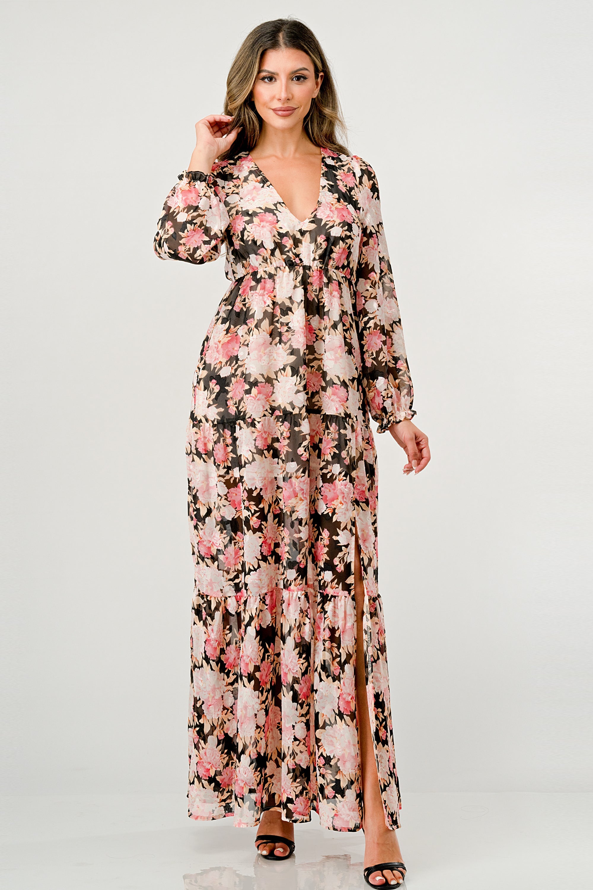 ARROW Long Sleeve Maxi Dress with High Slit and Tiered Skirt