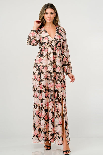 ARROW Long Sleeve Maxi Dress with High Slit and Tiered Skirt