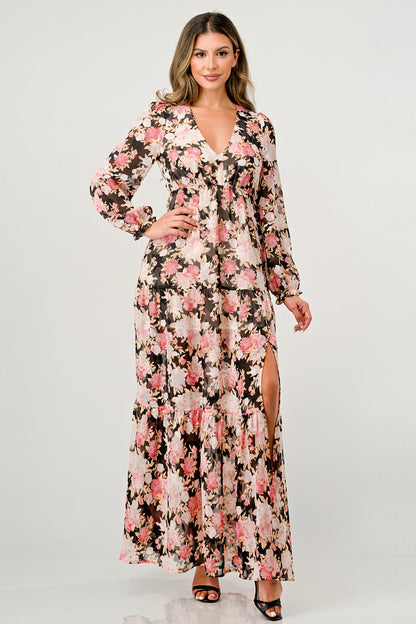 ARROW Long Sleeve Maxi Dress with High Slit and Tiered Skirt