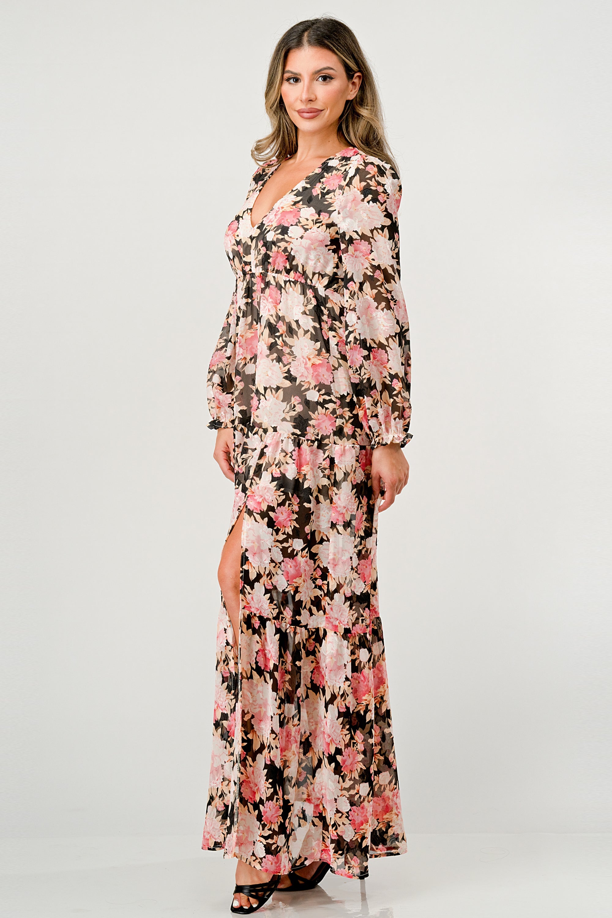 ARROW Long Sleeve Maxi Dress with High Slit and Tiered Skirt