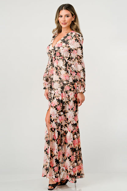 ARROW Long Sleeve Maxi Dress with High Slit and Tiered Skirt