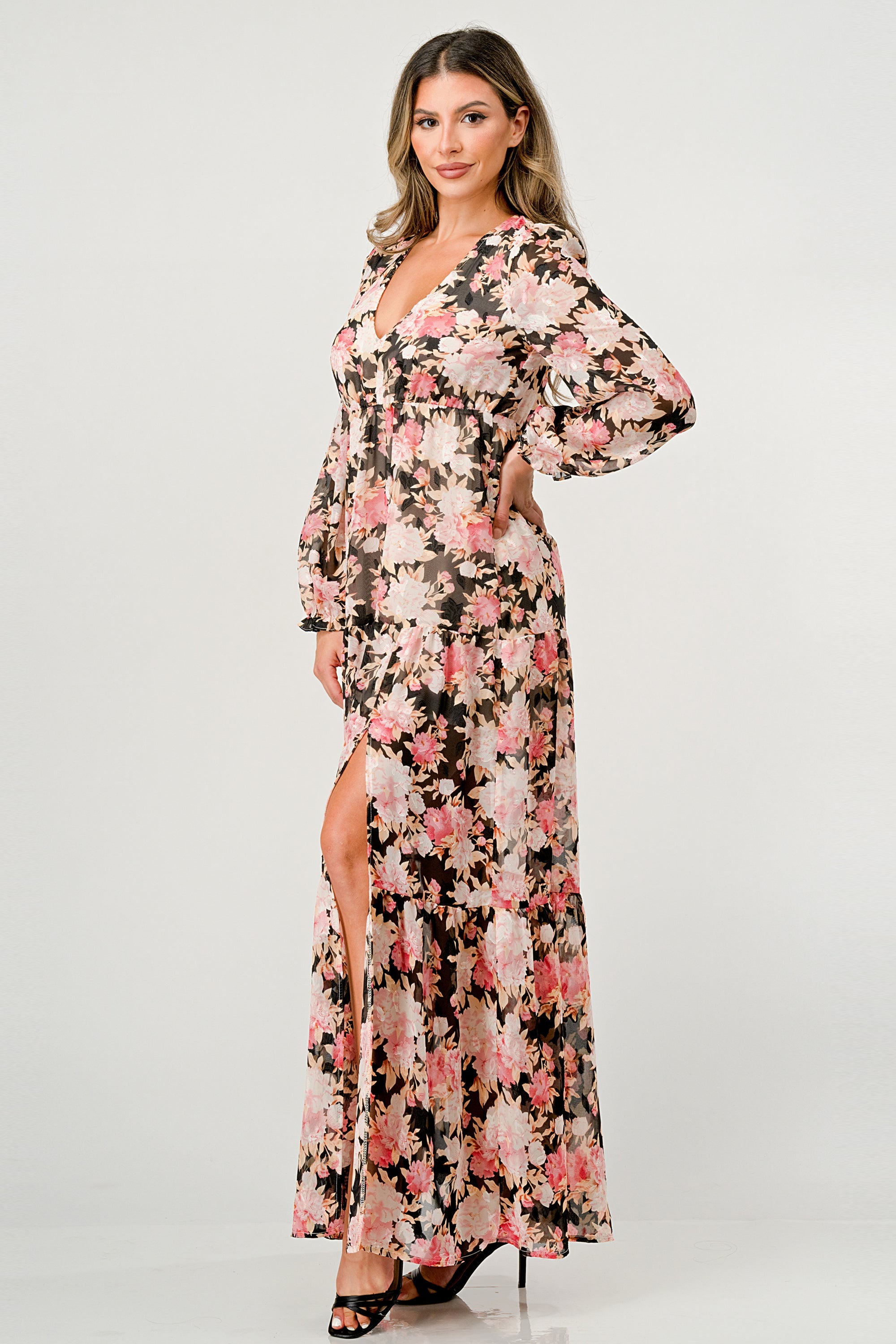 ARROW Long Sleeve Maxi Dress with High Slit and Tiered Skirt