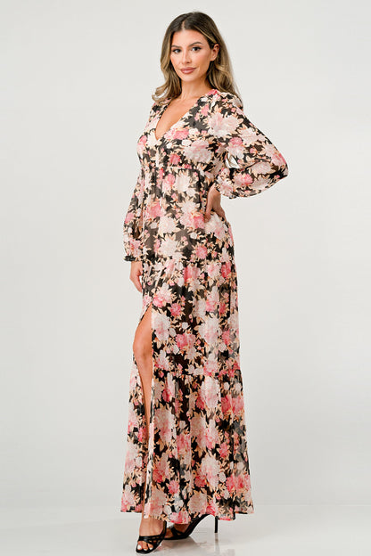 ARROW Long Sleeve Maxi Dress with High Slit and Tiered Skirt
