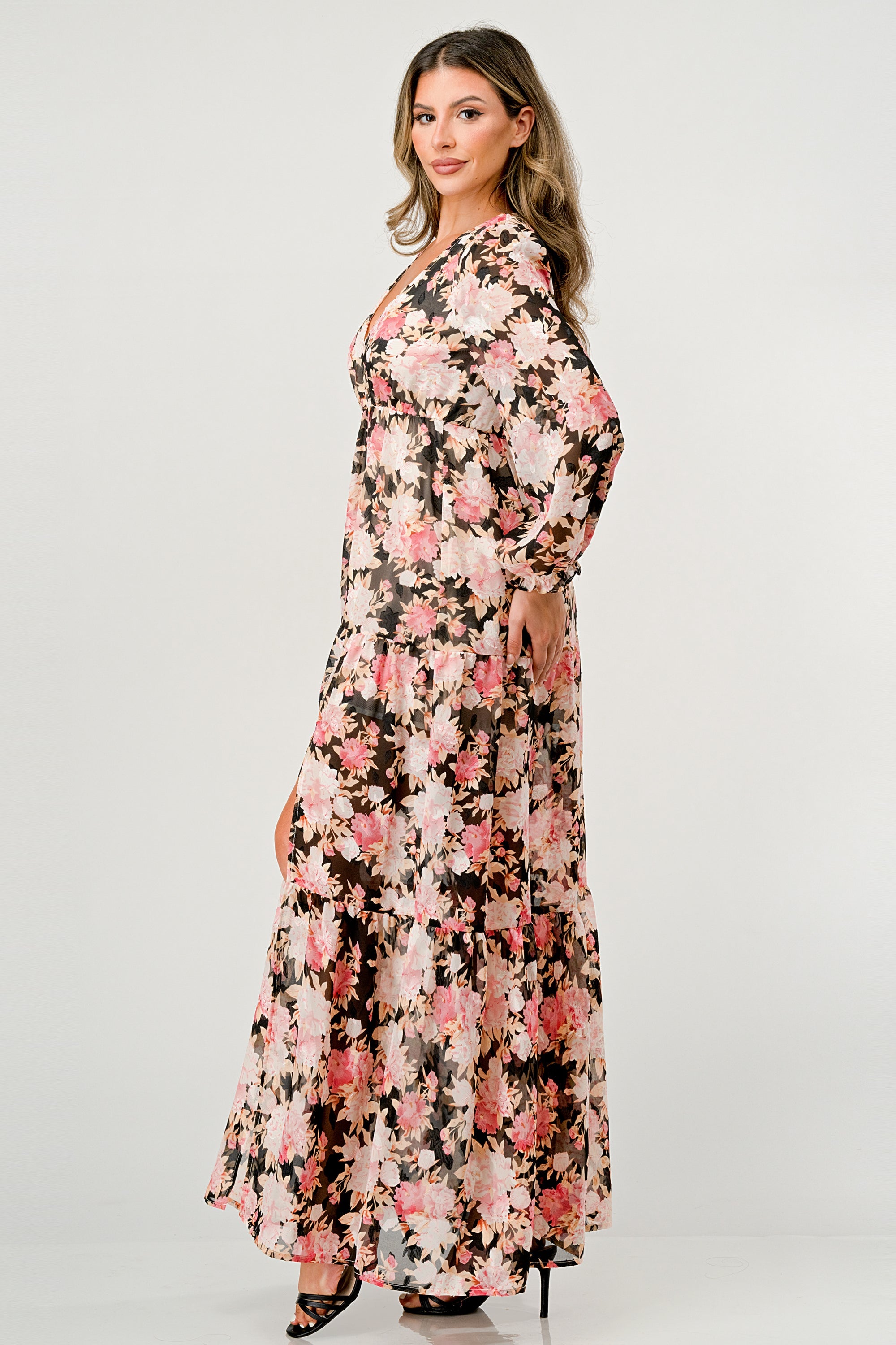 ARROW Long Sleeve Maxi Dress with High Slit and Tiered Skirt