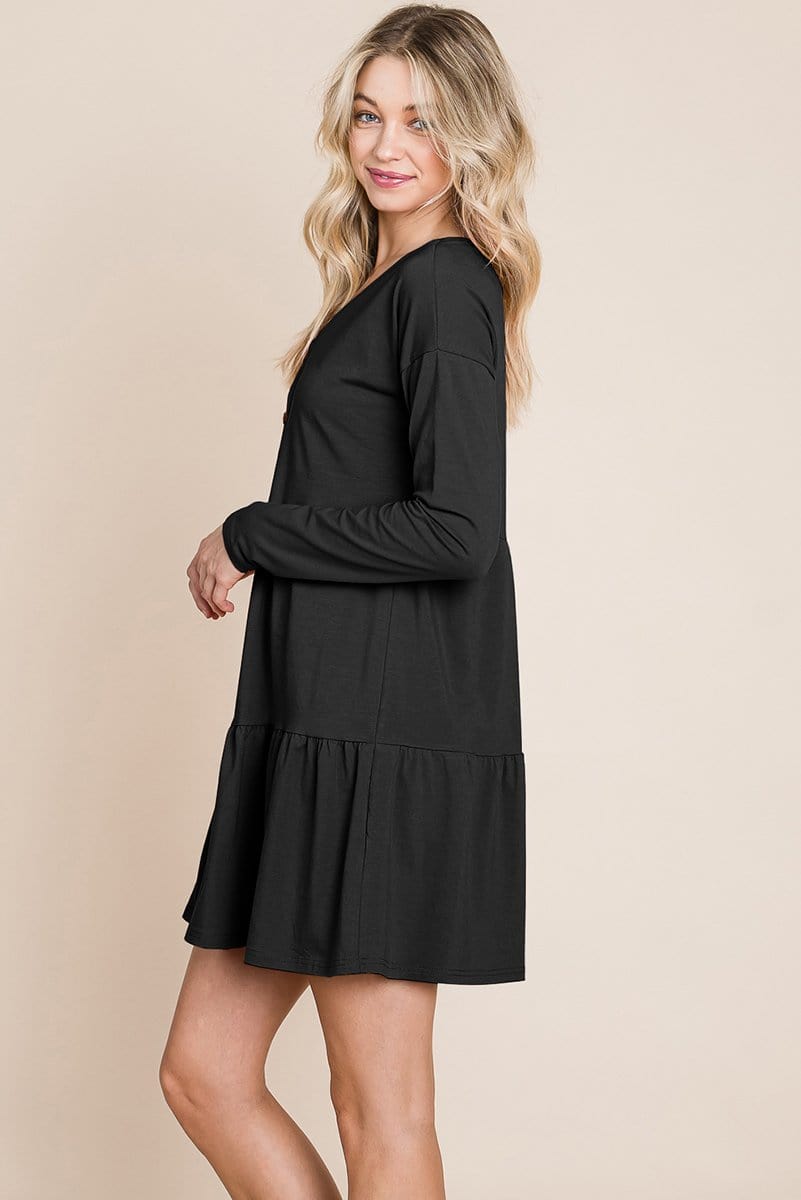Joia Front Button Long Sleeve Pleated Swing Dress