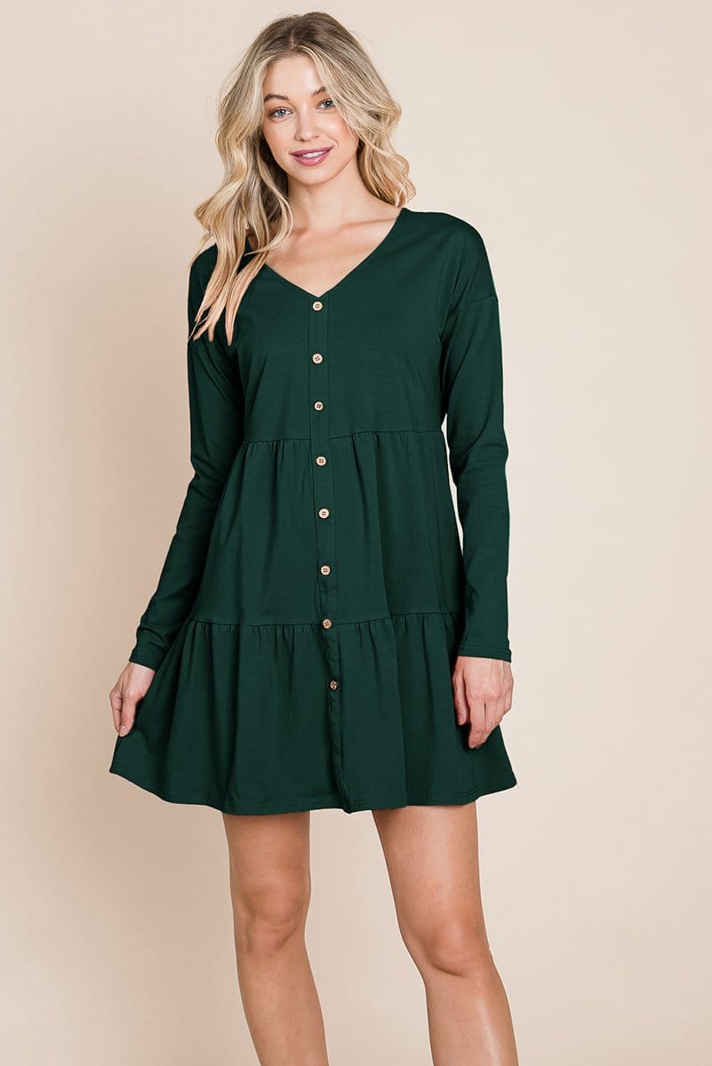 Joia Front Button Long Sleeve Pleated Swing Dress