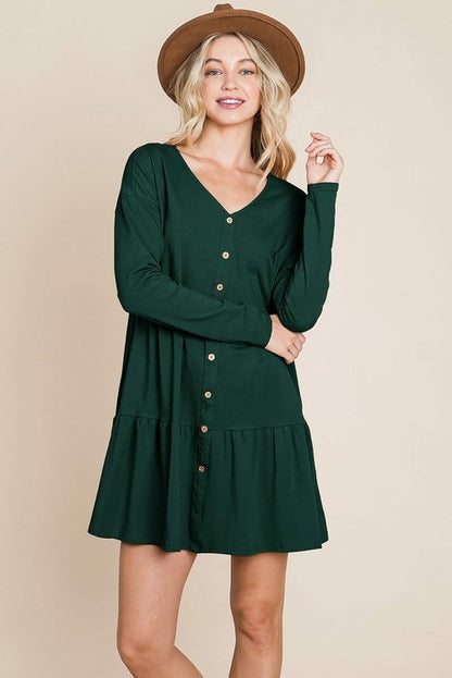 Joia Front Button Long Sleeve Pleated Swing Dress