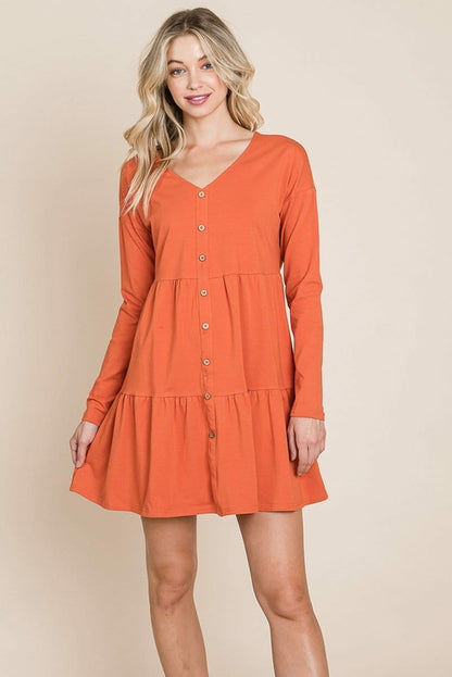 Joia Front Button Long Sleeve Pleated Swing Dress