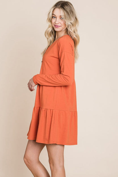 Joia Front Button Long Sleeve Pleated Swing Dress