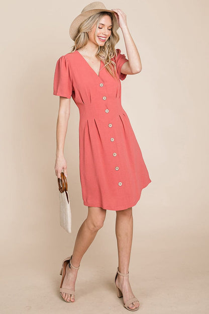 GIA Solid Pleated Button Down Shirt Dress