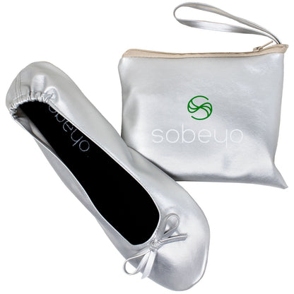 Gaia Ballet Flats Women's with Travel Pouch in Silver