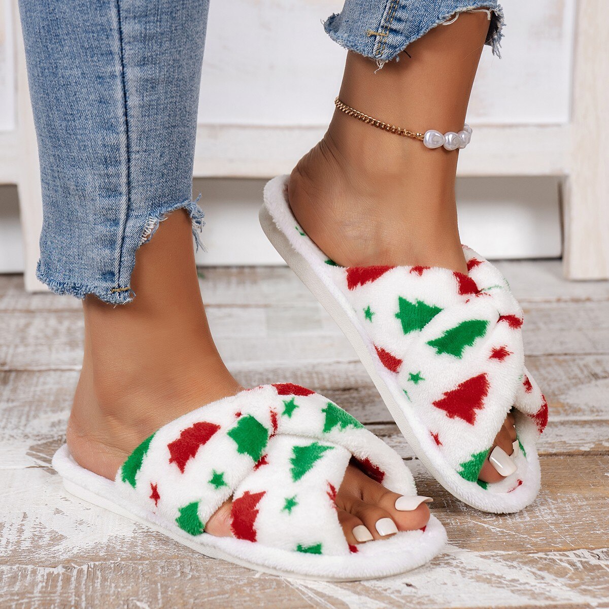 Christmas Tree Pattern Furry Slippers