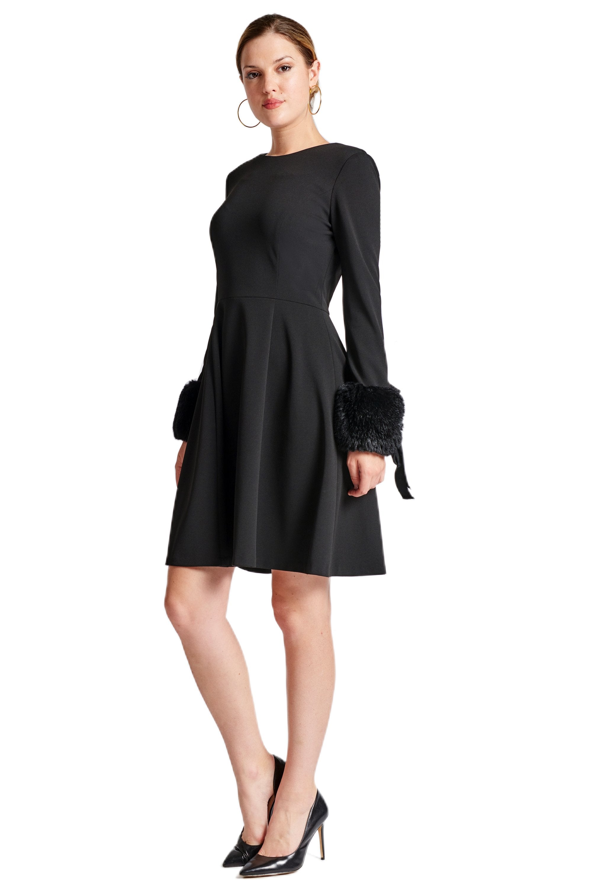 Caroline Crepe Fit Flare Dress With Faux Fur Cuffs
