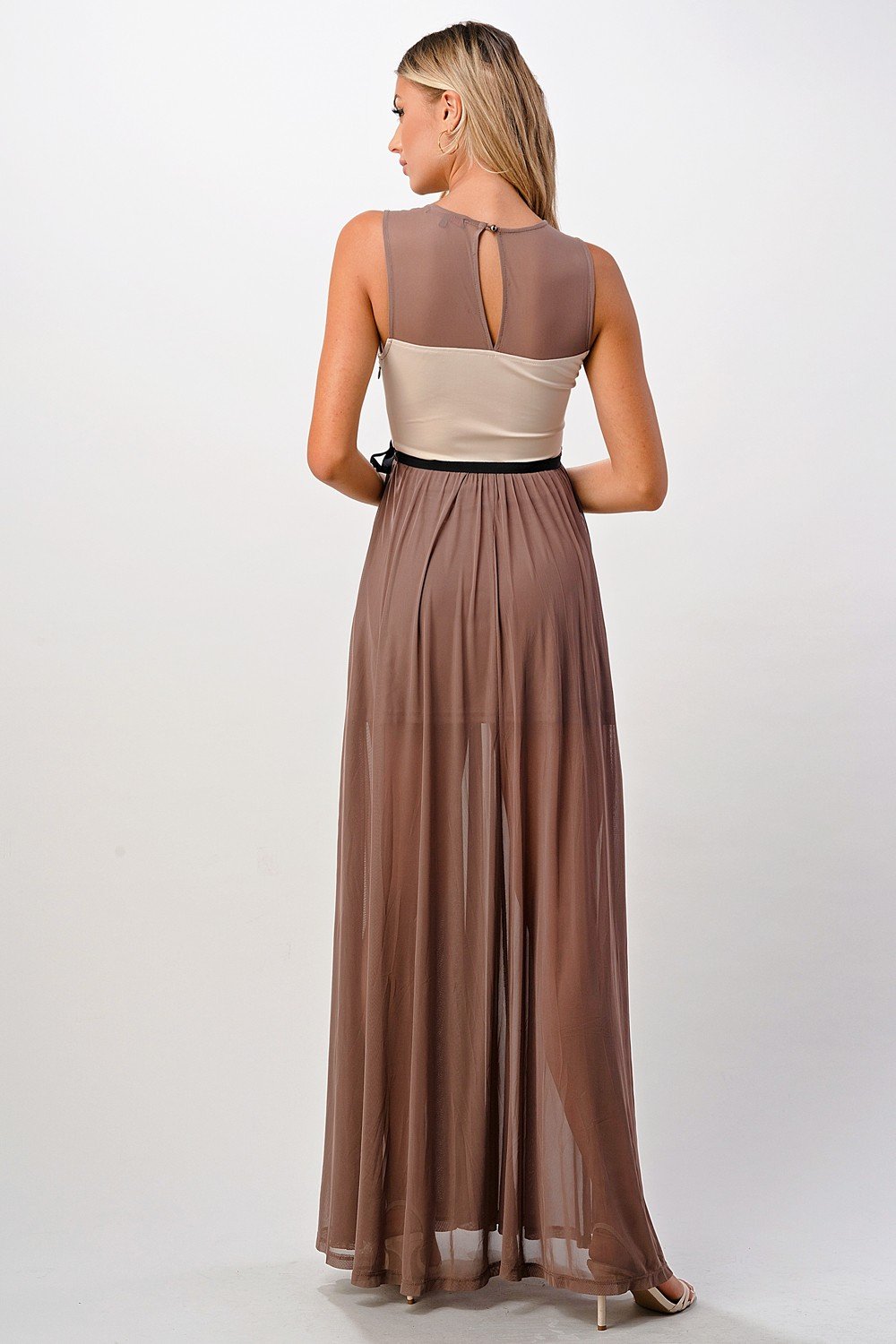 ARROW Elegant Sheer Maxi Dress with Lace Bodice and Flowing Skirt