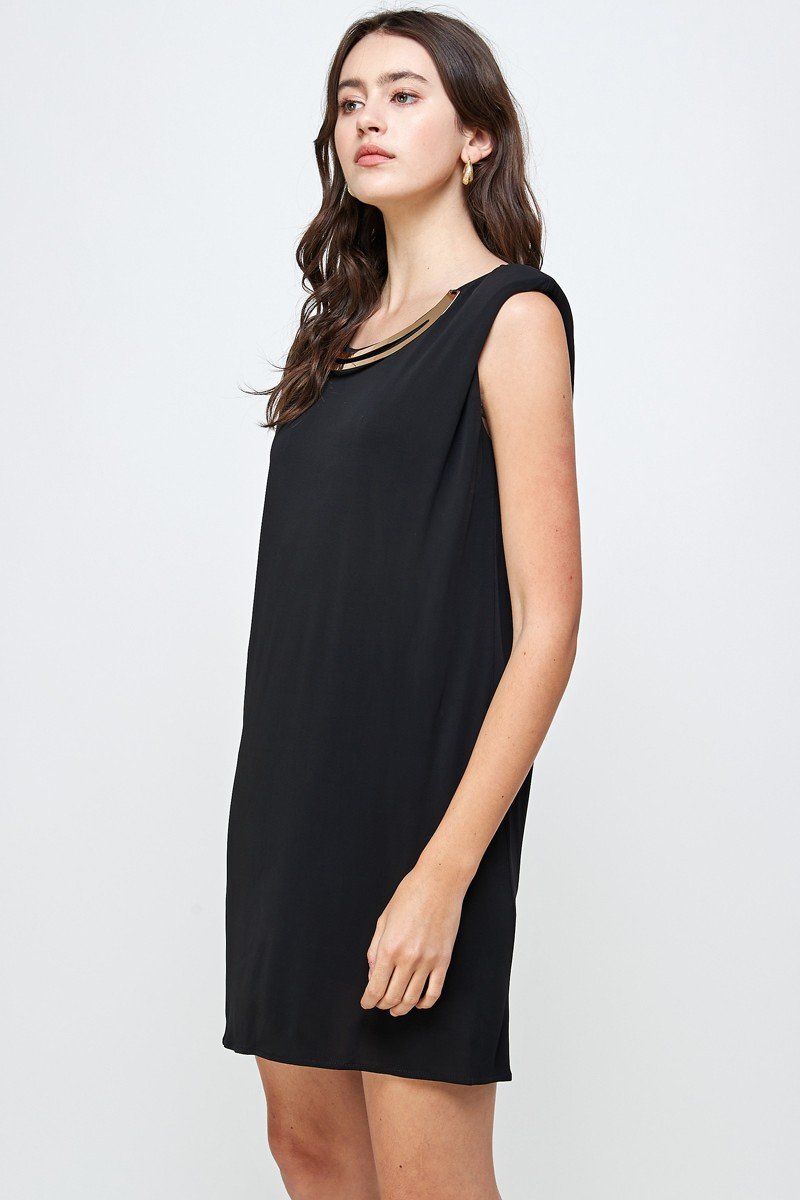 Arrow Sleeveless Embellished Neckline Mini Dress