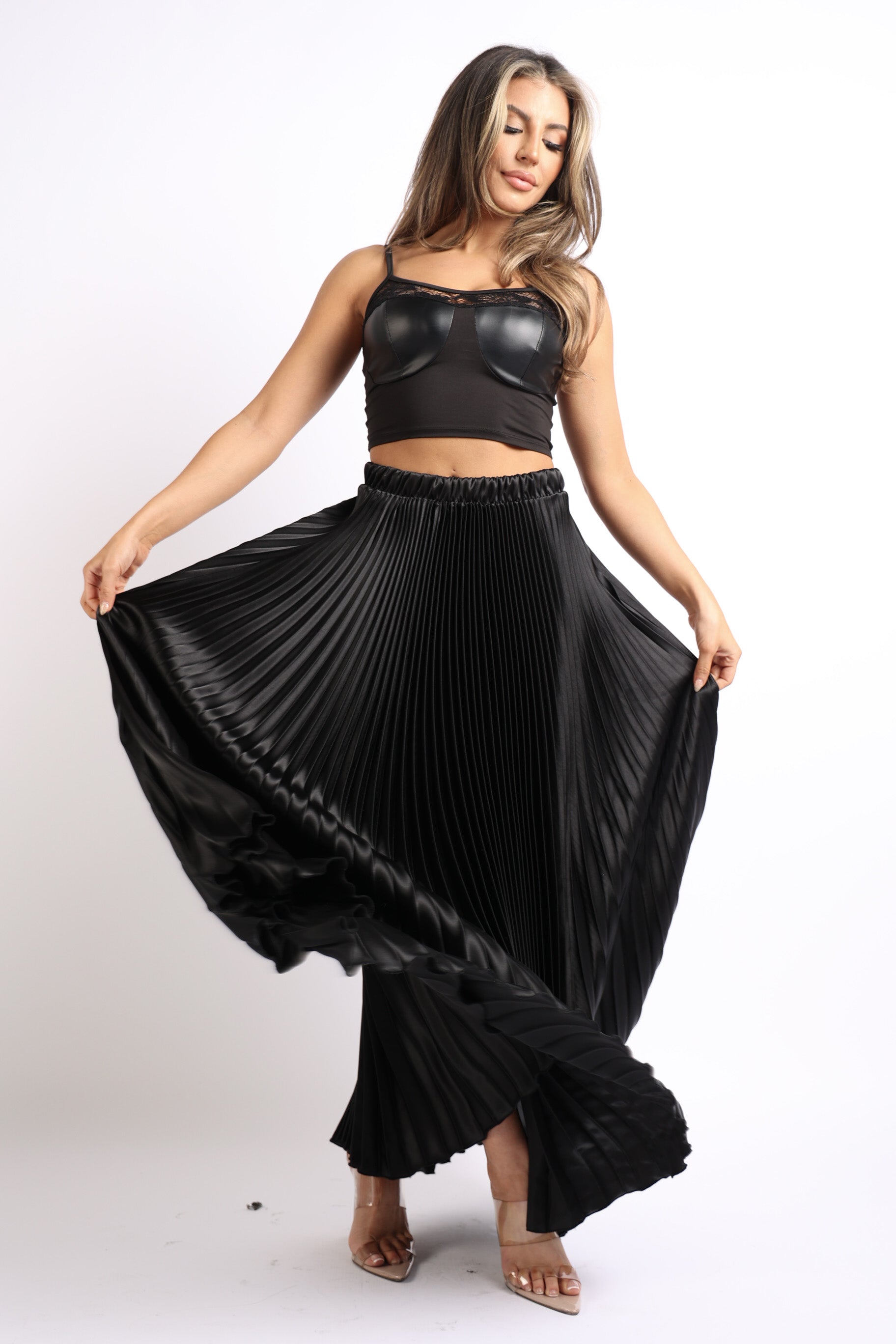 Pearl Monfried Satin Pleated Maxi Skirt