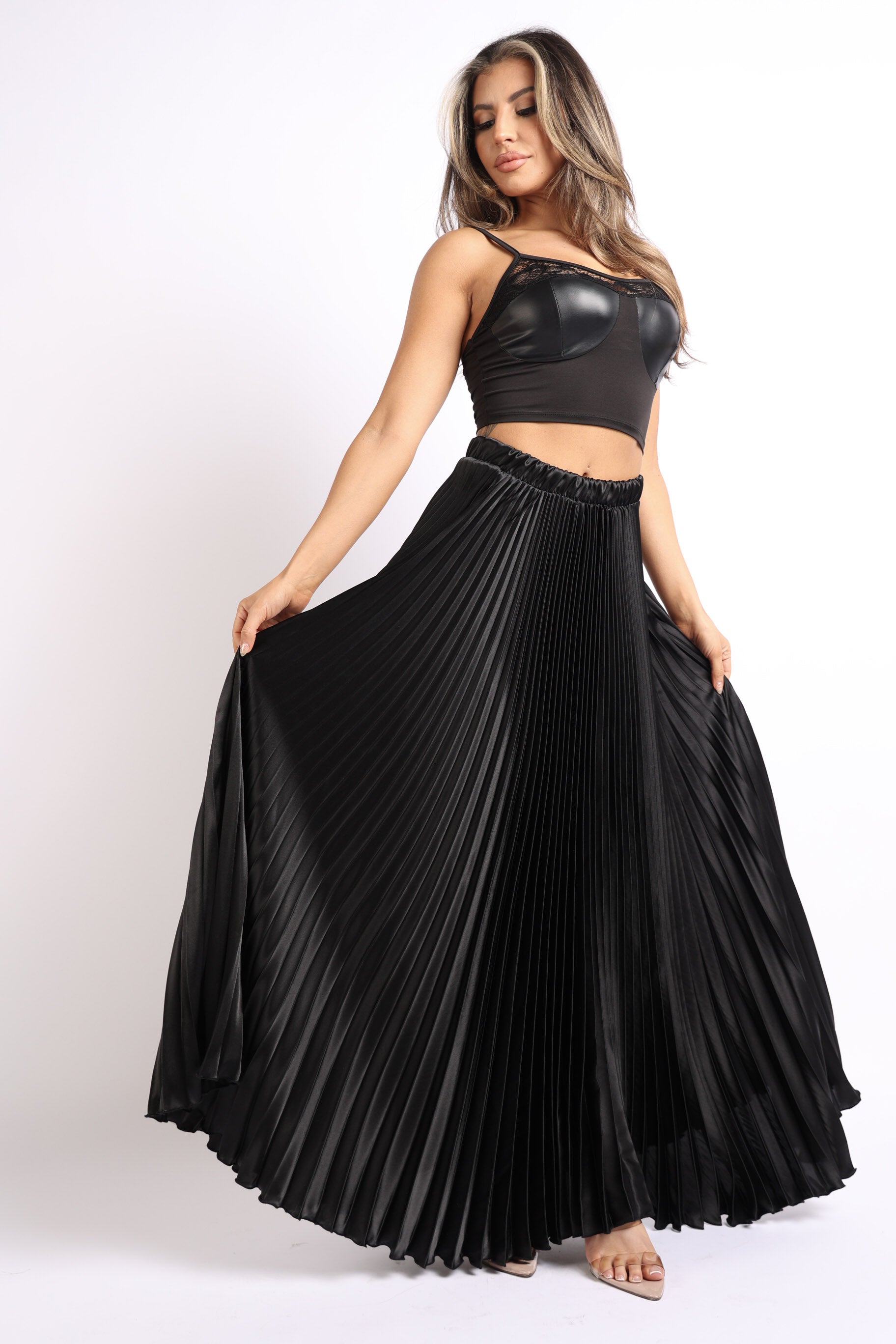 Pearl Monfried Satin Pleated Maxi Skirt