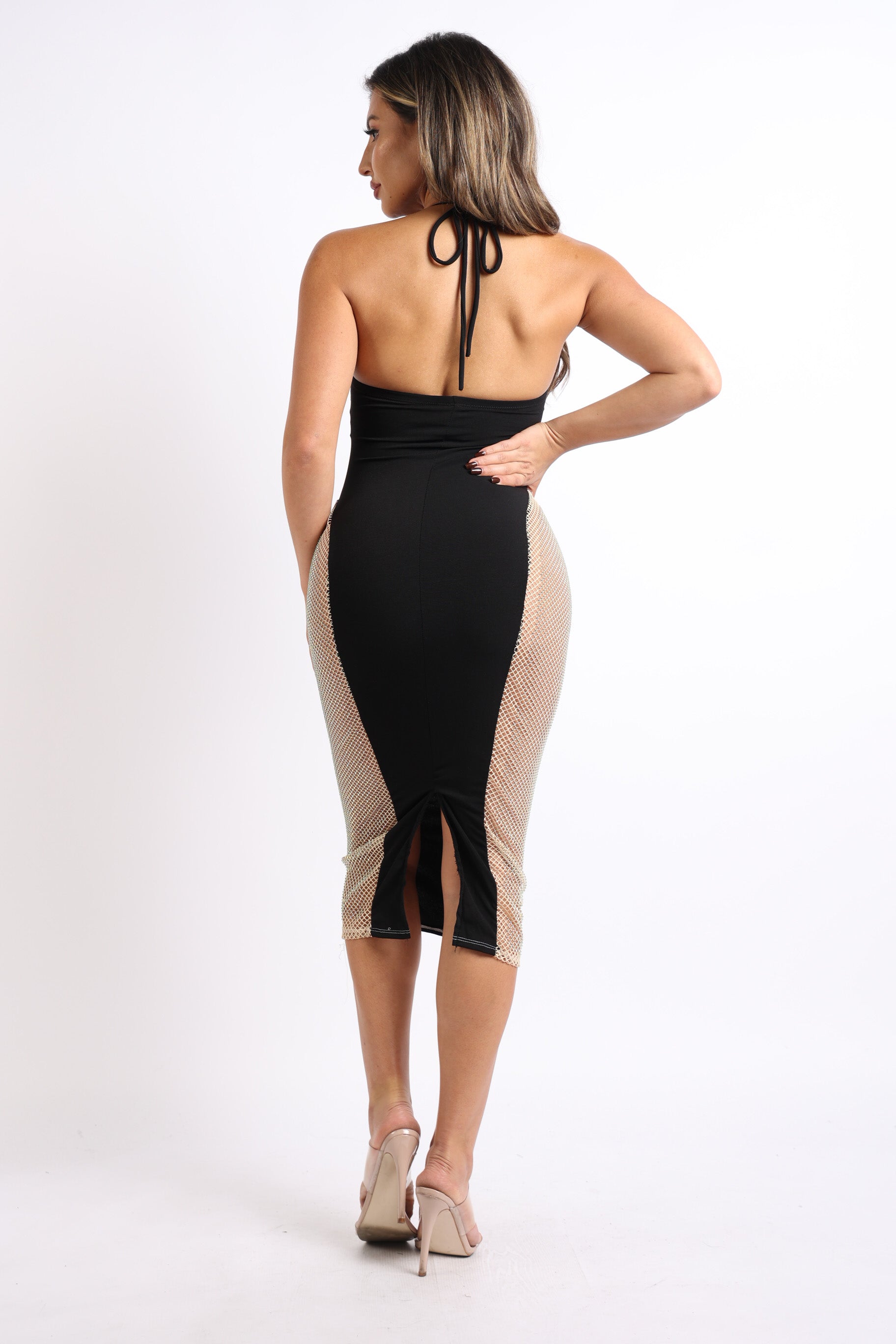ELLE Contrast Cut Out Rhinestone Fishnet Dress