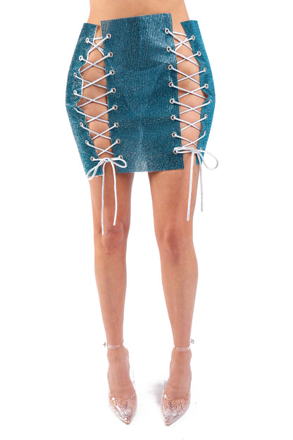 Pearl Monfried Stone Lace-Up Mini Skirt