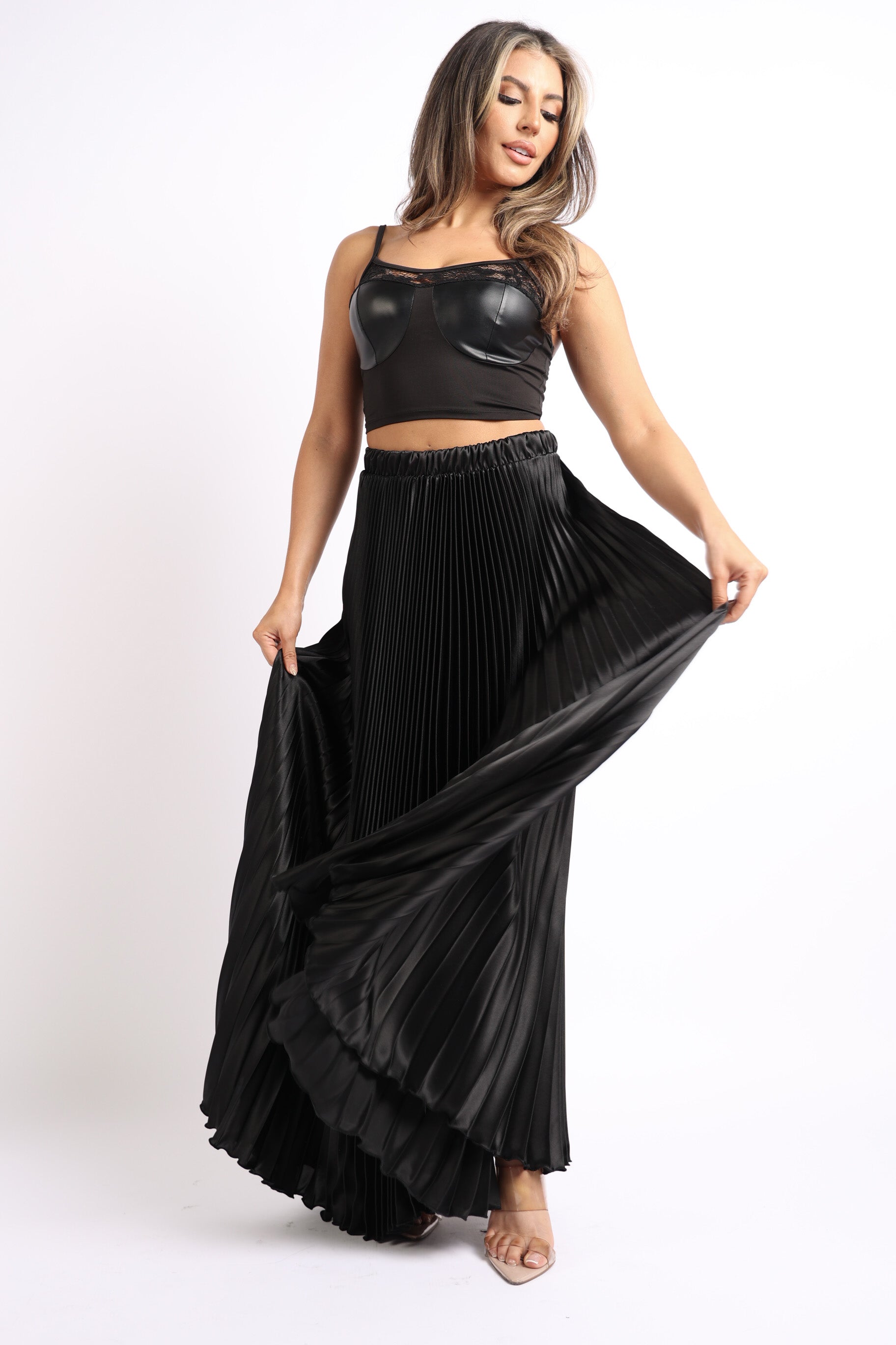 Pearl Monfried Satin Pleated Maxi Skirt