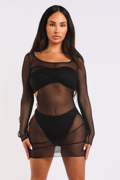 ELLE Cut Out Detailed Long Sleeve Mesh Sheer Cover Up