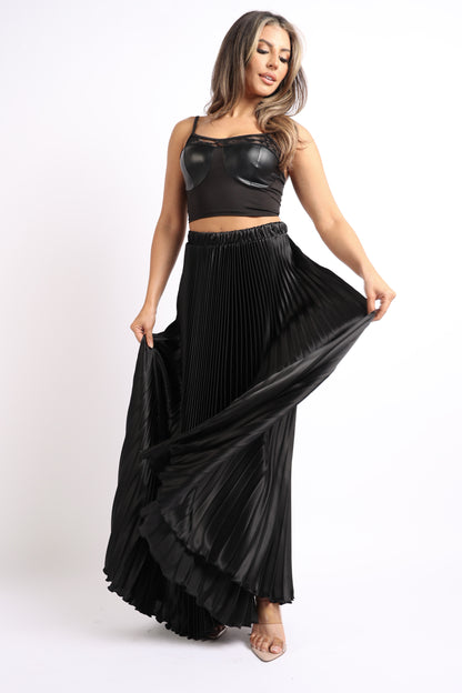 Pearl Monfried Satin Pleated Maxi Skirt