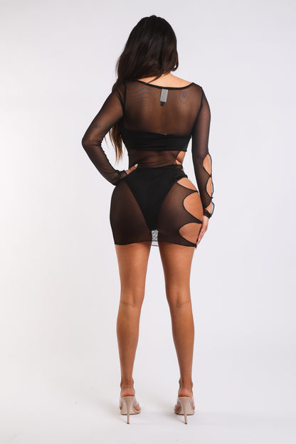 ELLE Cut Out Detailed Long Sleeve Mesh Sheer Cover Up