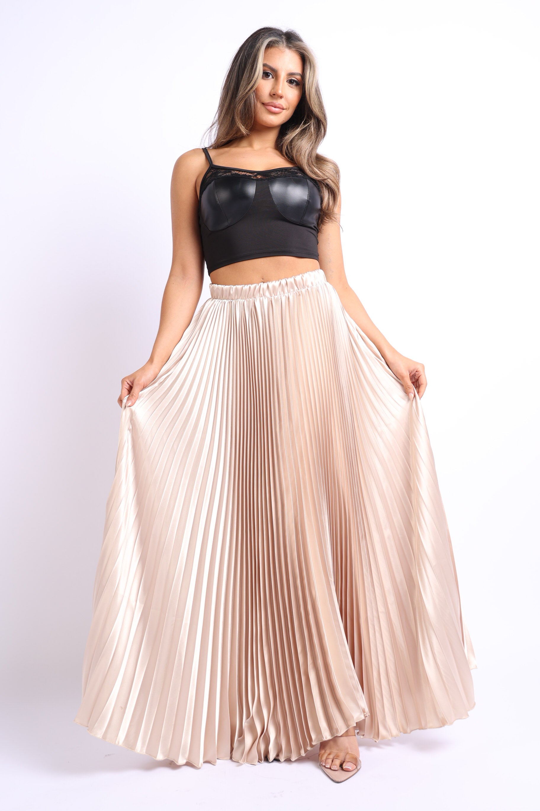 Pearl Monfried Pleated Satin Maxi Skirt