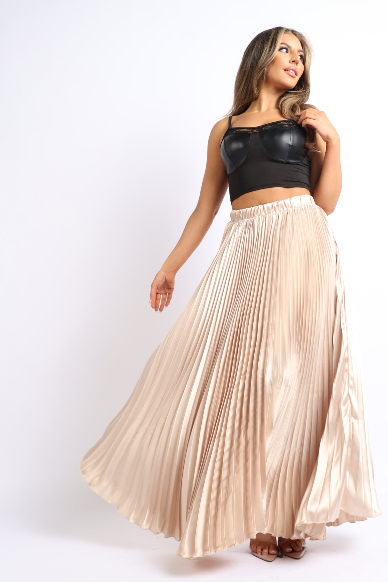 Pearl Monfried Pleated Satin Maxi Skirt