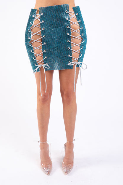 Pearl Monfried Stone Lace-Up Mini Skirt