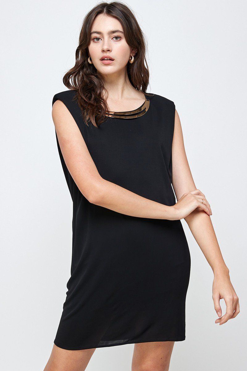 Arrow Sleeveless Embellished Neckline Mini Dress