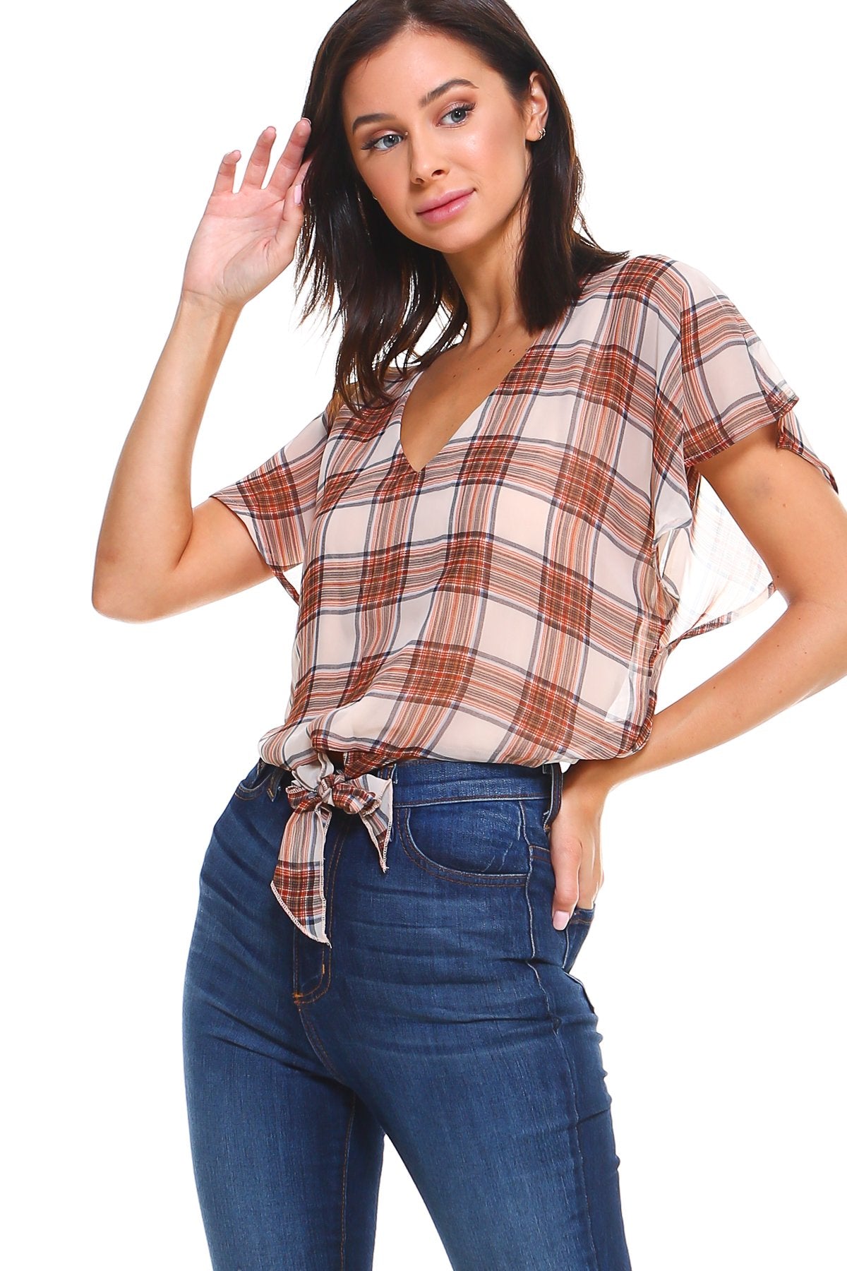 ARROW Plaid Flutter Sleeved Blouse