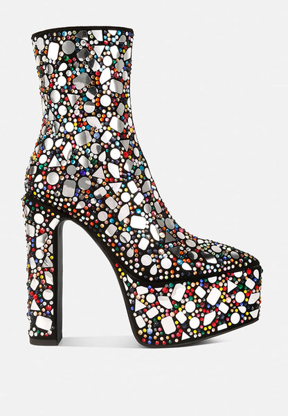 Dazzling Mirror Embellished Platform High Heel Boots